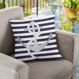 Nautische Marine Blau und Silver Anchor Segeln Kissen