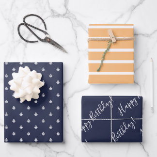 Nautische Marine und leichte Orange zum Geburtstag Geschenkpapier Set
