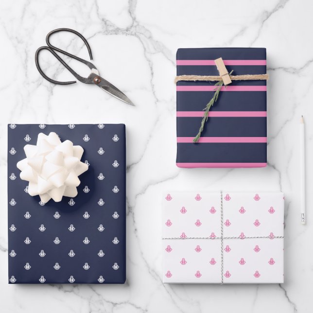 Nautische Marine und Rosa Geschenkpapier Set (Vorderseite)