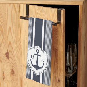 Nautische Marine und weiße Streifen mit Anker Geschirrtuch