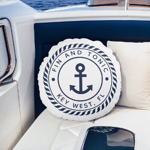 Nautische Marine und Weißer Anker   Ihr Bootname Rundes Kissen