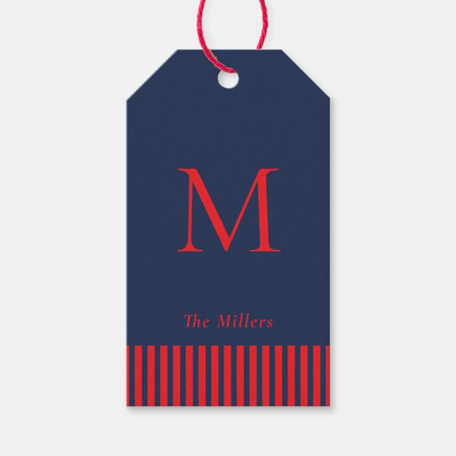 Nautische Mit Monogramm Navy- und Rot-Gift-Tags Geschenkanhänger (Vorderseite)