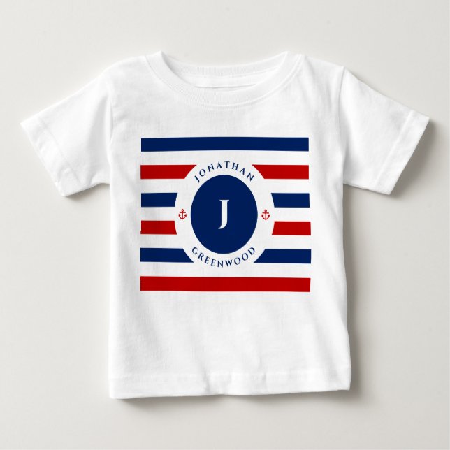 Nautische Monogramm Navy Blue Red White Stripes Baby T-shirt (Vorderseite)