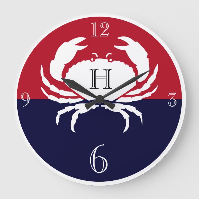 Nautische Monogramm rote Marinekrabbe große Uhr (Vorderseite)