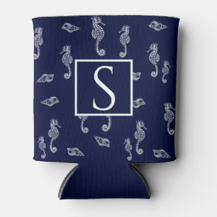 Nautische Monogramm Seepferd Muschel Navy Blue Whi Dosenkühler