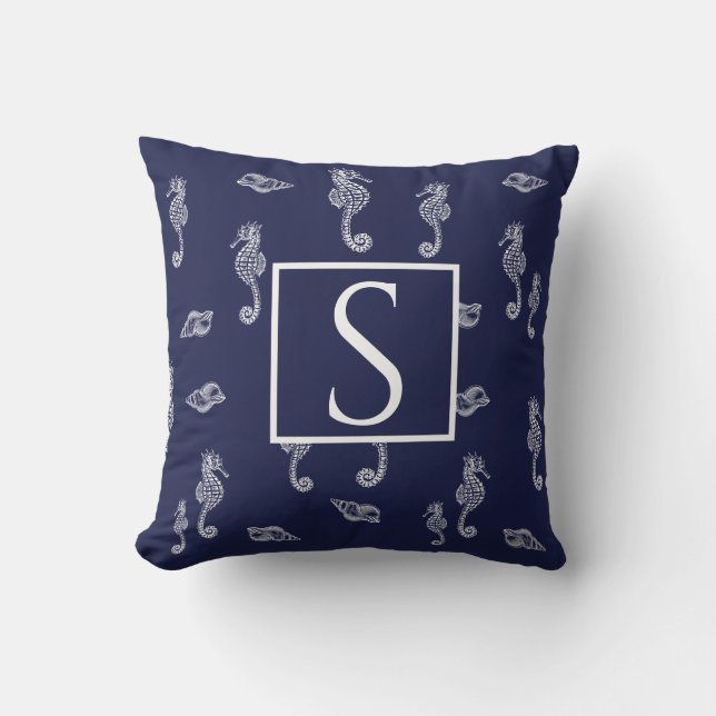 Nautische Monogramm Seepferd Muschel Navy Blue Whi Kissen (Vorderseite)