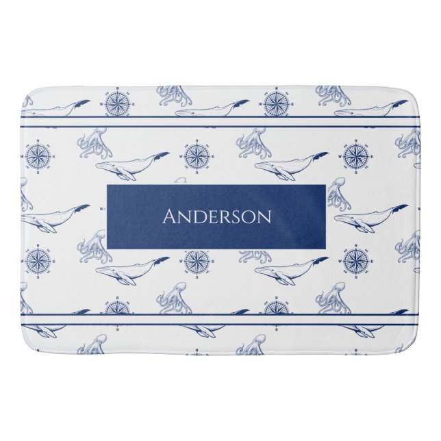 Nautische Monogramm Wale und Oktopus Marine Weiß Badematte (Vorderseite)
