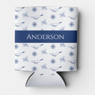  Nautische Monogramm Wale und Oktopus Marine Weiß  Dosenkühler