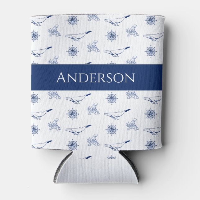 Nautische Monogramm Wale und Oktopus Marine Weiß Dosenkühler (Vorderseite)