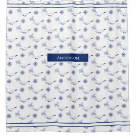 Nautische Monogramm Wale und Oktopus Marine Weiß Duschvorhang