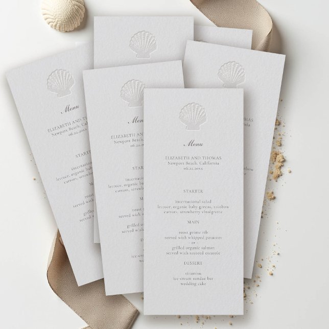Nautische Muschel an der Küste Klassische feierlic Menükarte (nautical wedding menu coastal modern classic formal traditional elegant shell medium ivory)