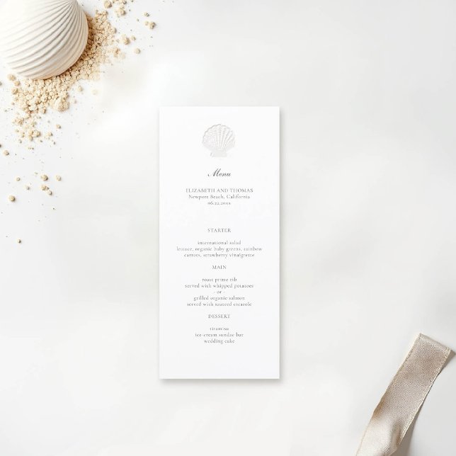Nautische Muschel an der Küste Reine klassische fe Menükarte (nautical wedding menu coastal modern classic formal traditional elegant shell)