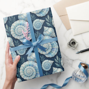 Nautische Muschel Seestern Blau und Weiß Geschenkpapier