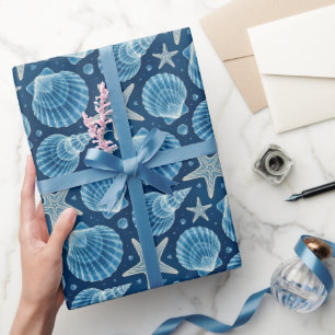 Nautische Muschel Seestern Blau und Weiß  Geschenkpapier