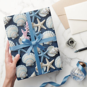 Nautische Muschel Seestern Blau und Weiß Geschenkpapier