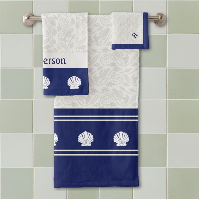 Nautische Muscheln auf Navy-Bath-Handtuch-Set Badhandtuch Set (Von Creator hochgeladen)