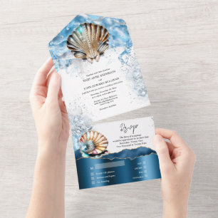 Nautische Muscheln Ozeanwellen blaues weißes Gold All In One Einladung
