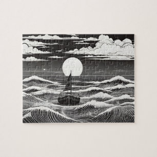 Nautische Nachtmondsonnenfahrt auf Wasser Puzzle