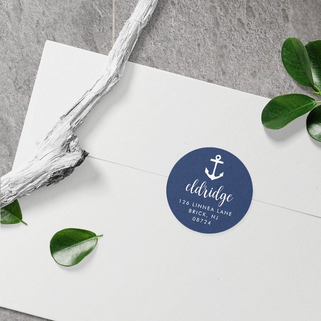 Nautische Navy Anchor-Rücksendeadresse Runder Aufkleber (Von Creator hochgeladen)