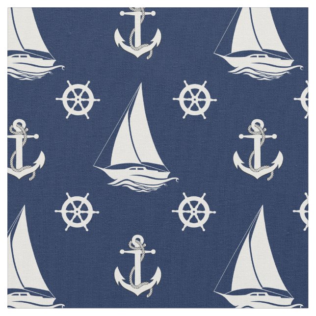 Nautische Navy-Anker/Rad/Segelboot-Silhouette Stoff (Nahaufnahme)