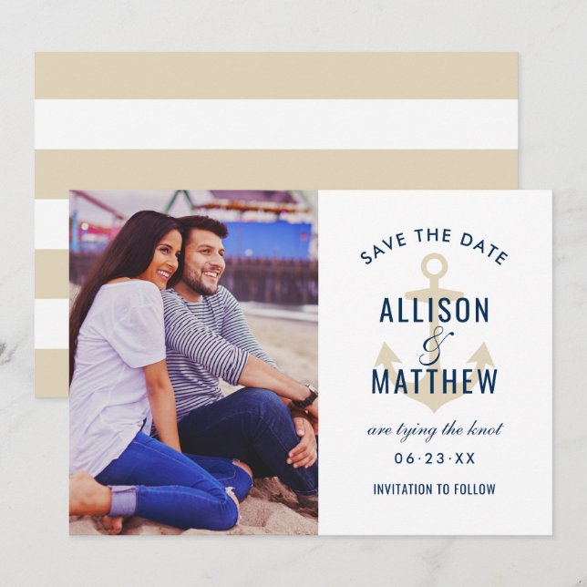 Nautische Navy Beige Anchor Wedding Foto Save The Date (Vorne/Hinten)