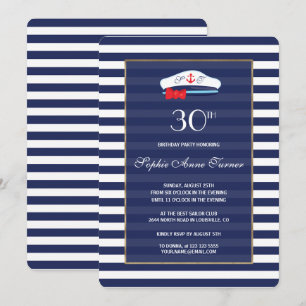 Nautische Navy Blau Streifen Gold Geburtstagsmonog Einladung