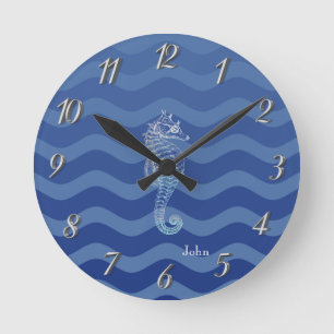 Nautische Navy Blau Streifen Wellen Seepferdchen Runde Wanduhr