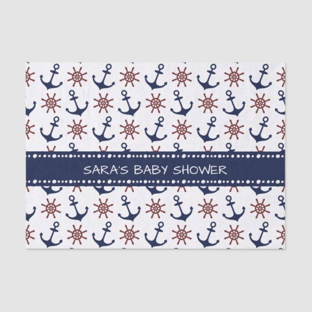 Nautische Navy Blau und rotes Anchor-Rudermuster Seidenpapier (Vorderseite)