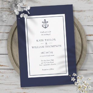 Nautische Navy Blau Weiße Anker Hochzeit Einladung