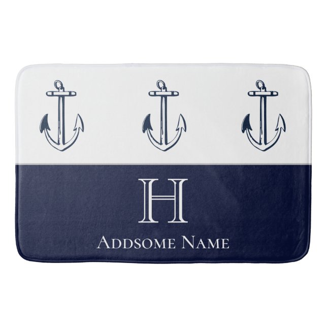 Nautische Navy Blue Anchor Coastal Mit Monogramm Badematte (Vorderseite)