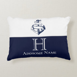 Nautische Navy Blue Anchor Coastal Mit Monogramm Dekokissen