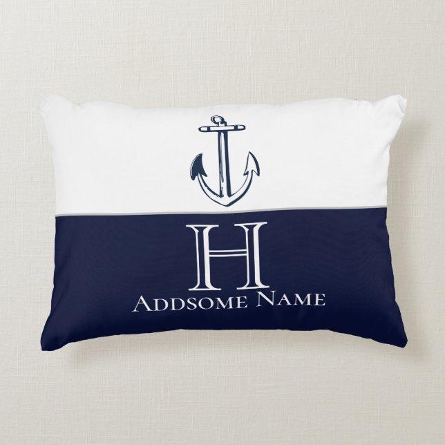 Nautische Navy Blue Anchor Coastal Mit Monogramm Dekokissen (Vorderseite)
