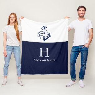 Nautische Navy Blue Anchor Coastal Mit Monogramm Fleecedecke