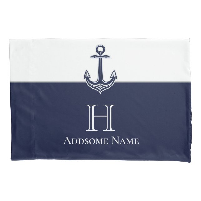Nautische Navy Blue Anchor Coastal Mit Monogramm Kissenbezug (Vorderseite)