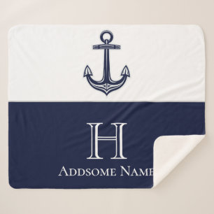 Nautische Navy Blue Anchor Coastal Mit Monogramm Sherpadecke