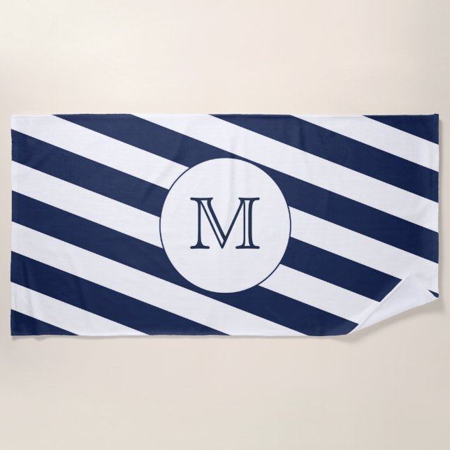 Nautische Navy Blue & White Strip Custom Monogram Strandtuch (Vorderseite)