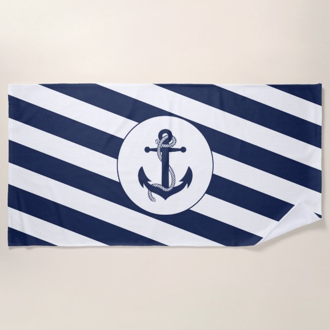 Nautische Navy Blue & White Stripe Anchor Strandtuch (Vorderseite)