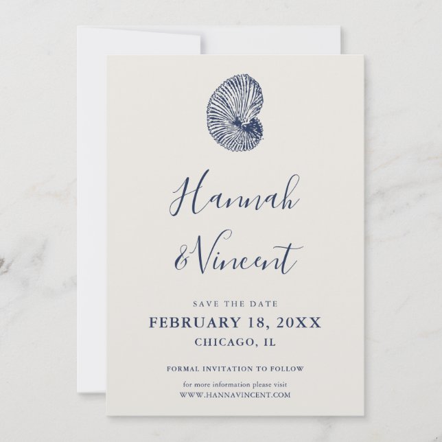 Nautische Navy Conch Save the Date Karte (Vorderseite)