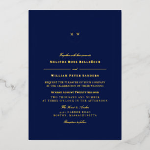 Nautische Navy Gold Anker Monogramm Hochzeit Folieneinladung