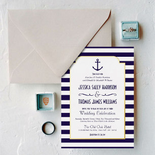 Nautische Navy- & Weiße Anker-Hochzeitsanzeige Ech Folieneinladung
