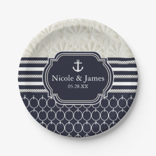 Nautische Navy- & Weiße Elegante Strandhochzeit Pappteller