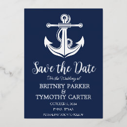 Nautische Navyblaue Anker Moderne QR-Code-Hochzeit Folieneinladung