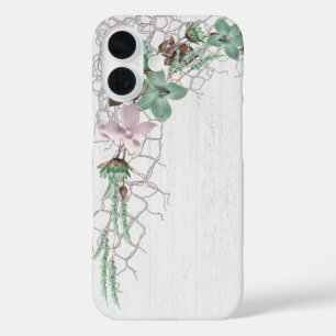 Nautische Netze und Blume auf weißem Holz iPhone 16 Hülle