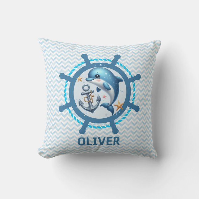 Nautische Niedliche Delphin & Anker im Schiffrad Kissen (Vorderseite)