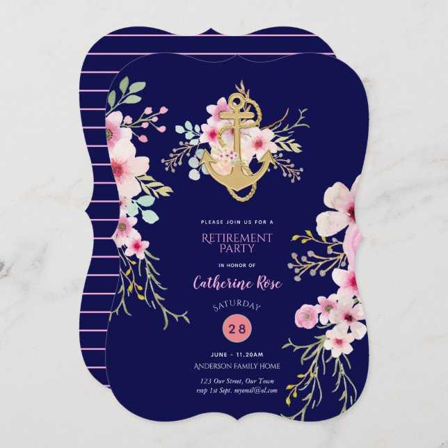 Nautische Pensionierung lädt Navy Blue Pink Floral Einladung (Vorne/Hinten)