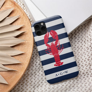 Nautische Preppy Navy Stripe & Lobster | Monogramm iPhone 16 Hülle