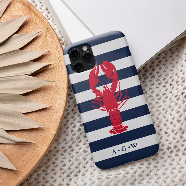 Nautische Preppy Navy Stripe & Lobster | Monogramm Case-Mate iPhone Hülle (Von Creator hochgeladen)