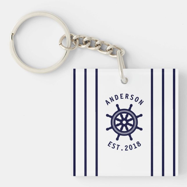 Nautische Räder und Navy Blue Striping Custom Schlüsselanhänger (Vorderseite)