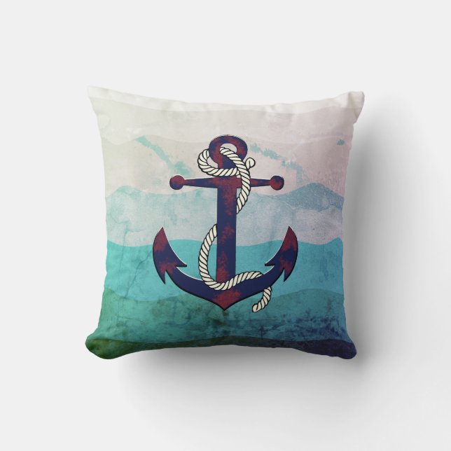 Nautische rostige blaue Anker-/Seil-/Filterwellen Kissen (Vorderseite)