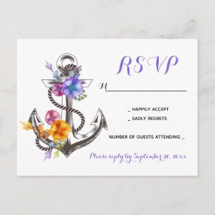 Nautische RSVP-Blumenanker Lila Hochzeit Strand Einladungspostkarte